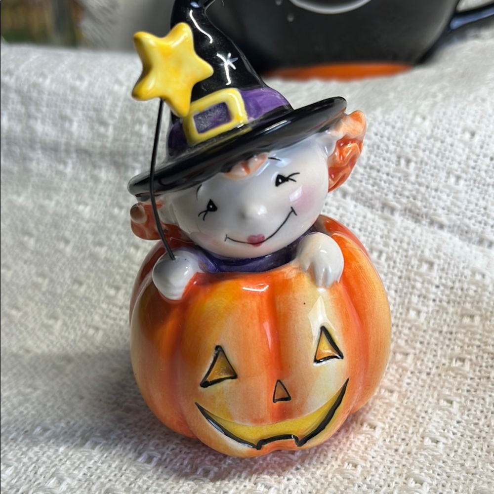 Fitz and Floyd mini pumpkin with sweet little Witch Figurine in Pumpkin